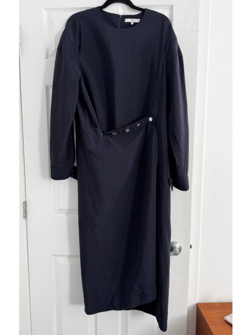 Tibi Viscose Plainweave Asymmetric Flap Snap Dress in Navy, size 12 - Picture 6 of 11